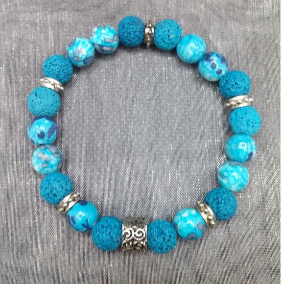 Artisan Jewelry - Artisan Rain Flower Jade Bracelet Beaded Lava Stones Diffuser Tibetan Silver
